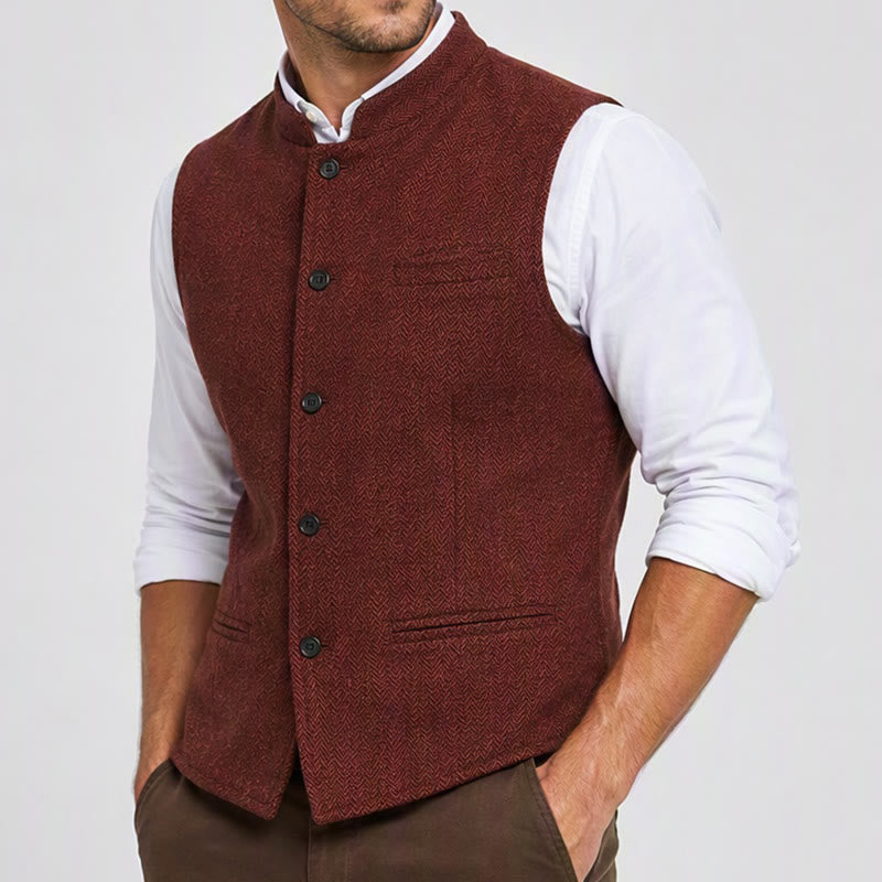 Gilet da uomo in tweed a spina di pesce con colletto alla coreana - image 2