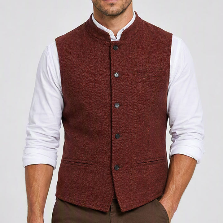 Gilet da uomo in tweed a spina di pesce con colletto alla coreana - image 1