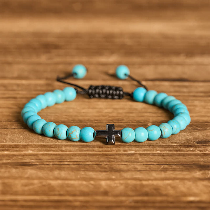 Bracciale regolabile con croce della fede e perline turchesi - Turchese - image 5