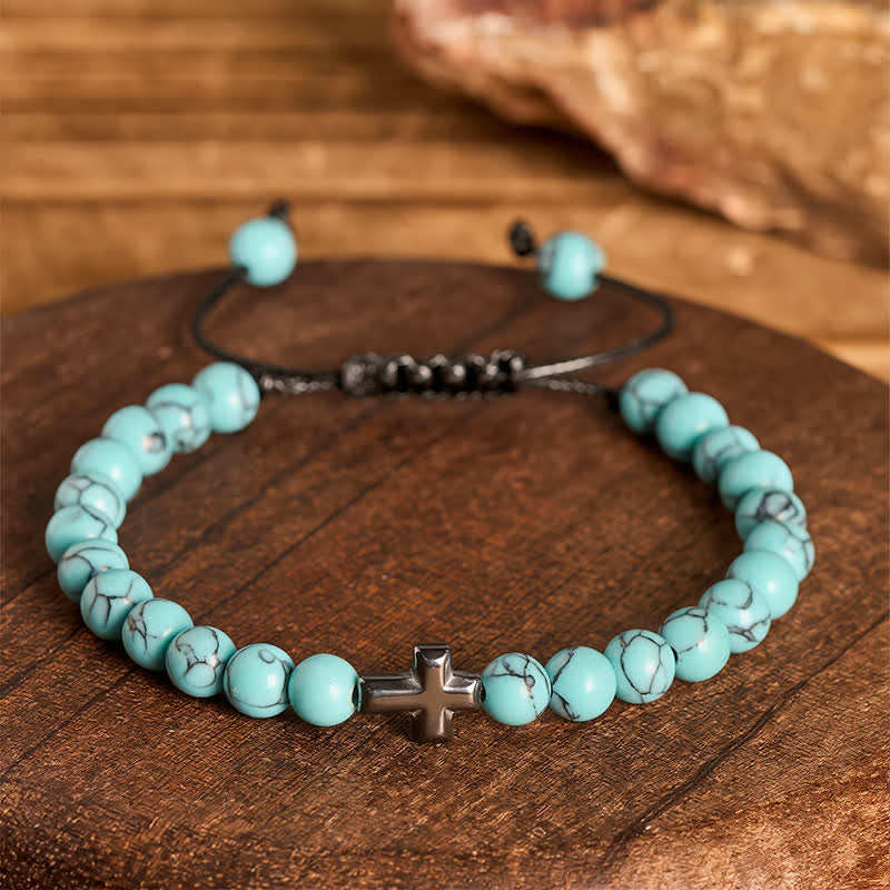 Bracciale regolabile con croce della fede e perline turchesi - image 3