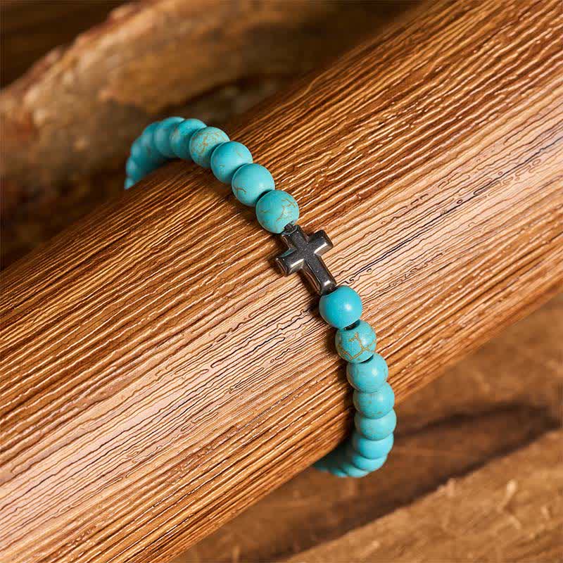 Bracciale regolabile con croce della fede e perline turchesi - image 6