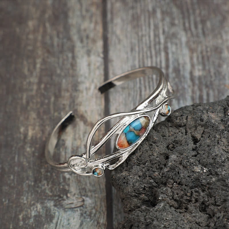 Bracciale a polsino aperto con motivo a foglie d'argento e vite incantata - image 2