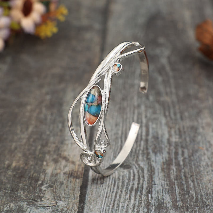 Bracciale a polsino aperto con motivo a foglie d'argento e vite incantata - image 3