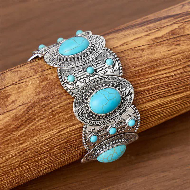 Bracciale a polsino largo e ampio con perline turchesi, ispirato ai palazzi signorili. - Argento antico - image 0