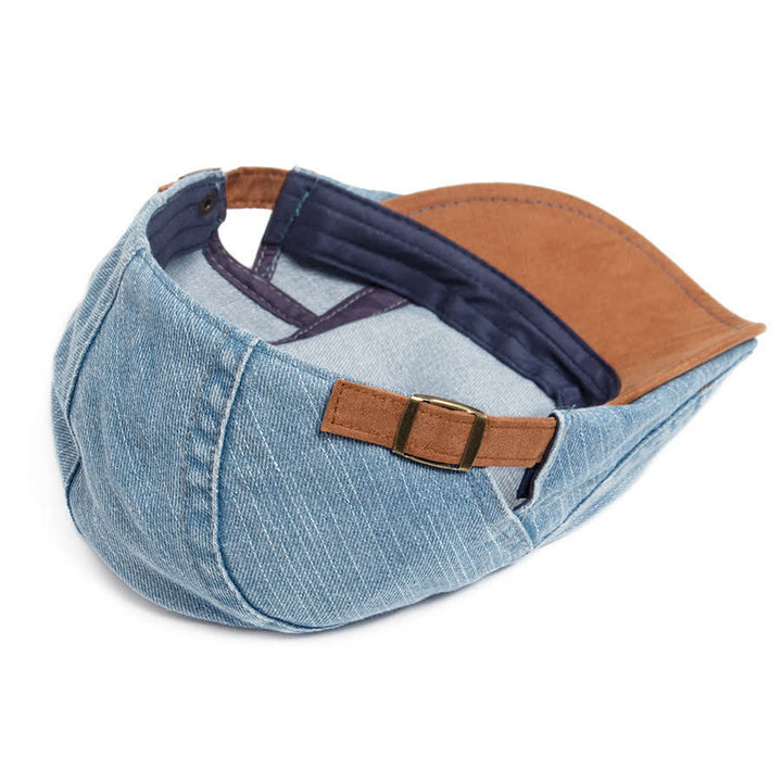Berretto piatto in denim lavato a contrasto con visiera in pelle scamosciata - image 4