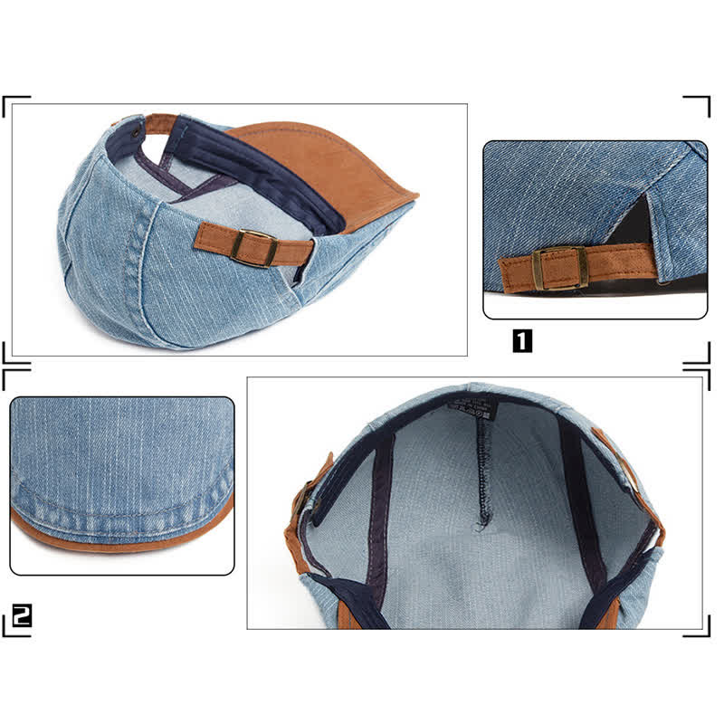 Berretto piatto in denim lavato a contrasto con visiera in pelle scamosciata - image 6