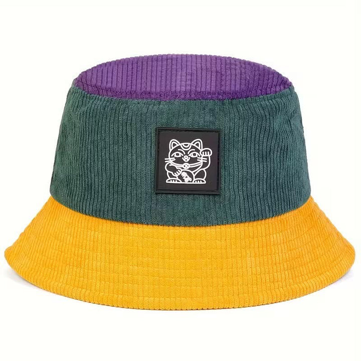 Cappello a secchiello pieghevole in velluto a coste con motivo Lucky Cat a blocchi di colore. - Giallo - M (22"-22 7/8") - image 0