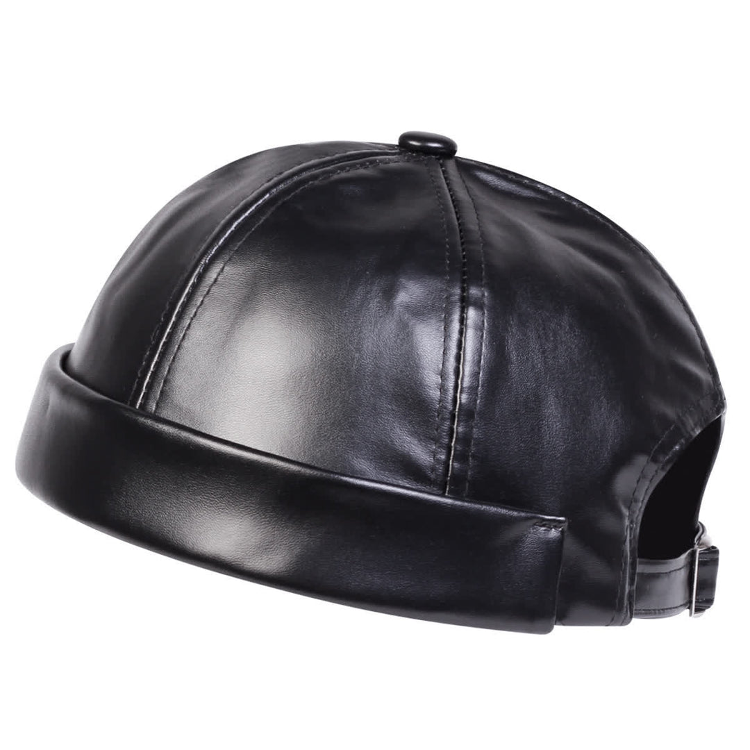 Cappello da marinaio minimalista senza visiera, regolabile, in similpelle PU. - Nero - Regolabile (22"-23 1/4") - image 0