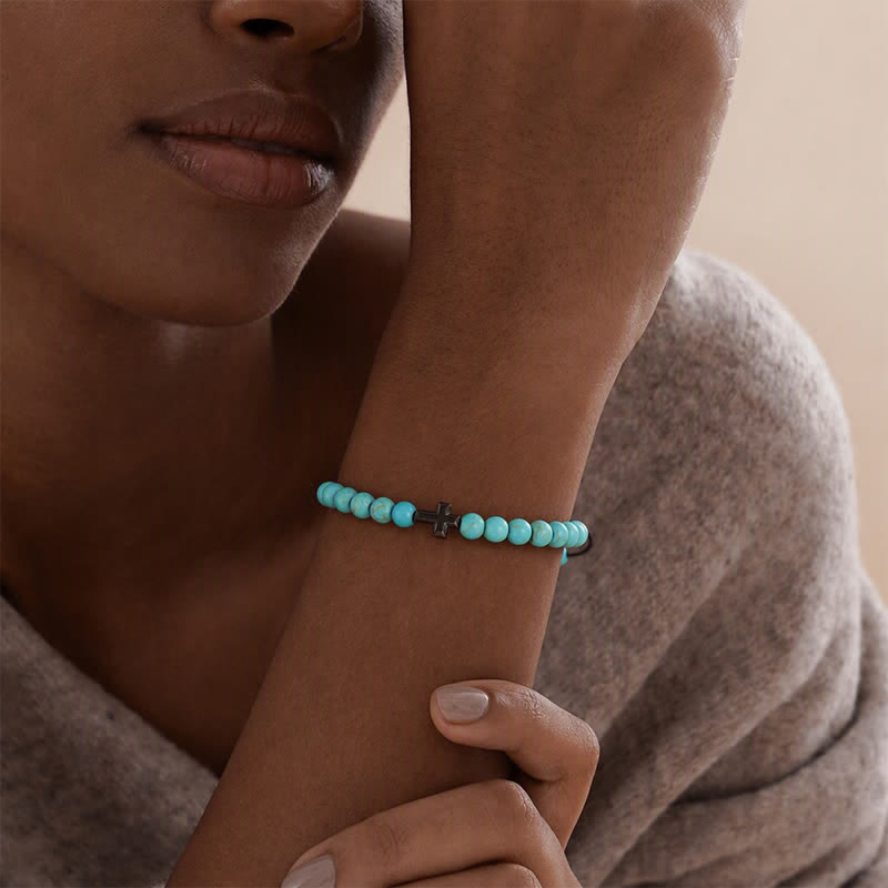 Bracciale regolabile con croce della fede e perline turchesi - image 1