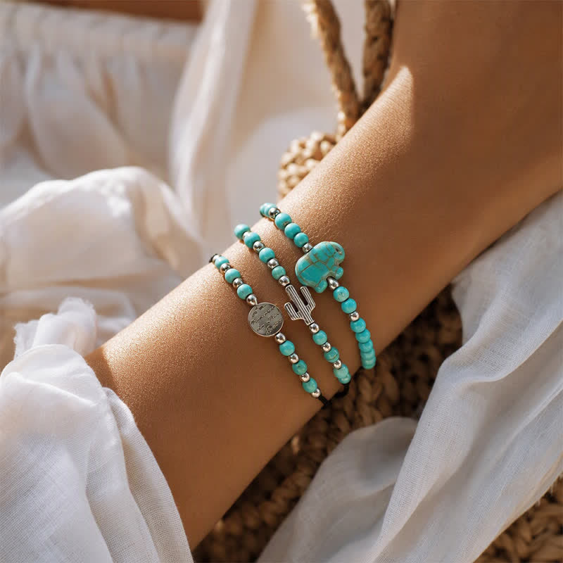 Set di 3 braccialetti impilabili con cactus occidentale e turchese, simbolo di autostima. - image 1