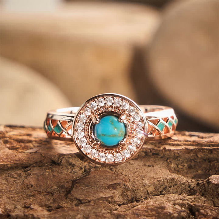 Anello vintage rotondo con alone di turchese simulato, anello etnico cavo in metallo - Tonalità oro rosa - US 10 - image 0