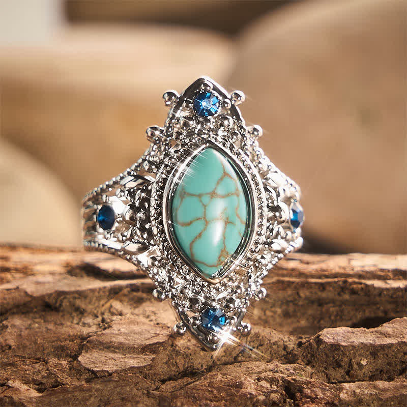 Anello da donna stile bohémien con turchese simulato a forma di marquise, ideale come regalo per feste. - Tonalità argento - US 10 - image 0