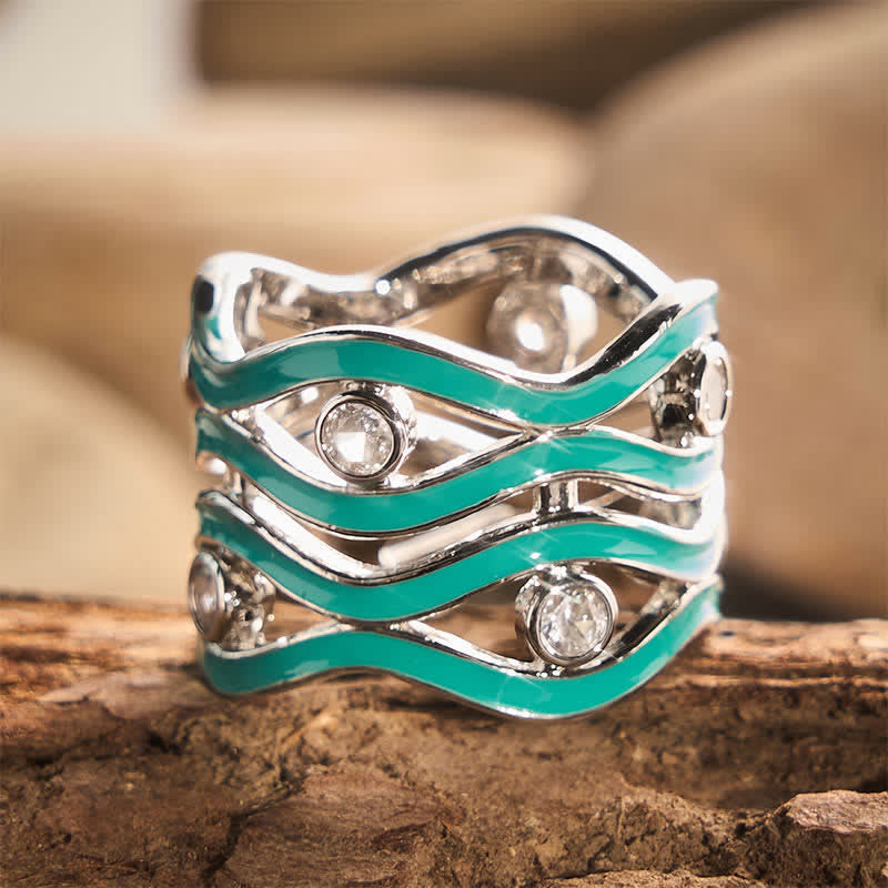 Anello da donna con pietra smaltata a onde sovrapposte - Tonalità argento - US 10 - image 0