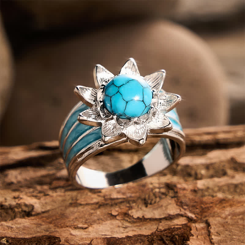Anello da donna in argento con intarsio di finta turchese in stile boho etnico a forma di sole. - image 3
