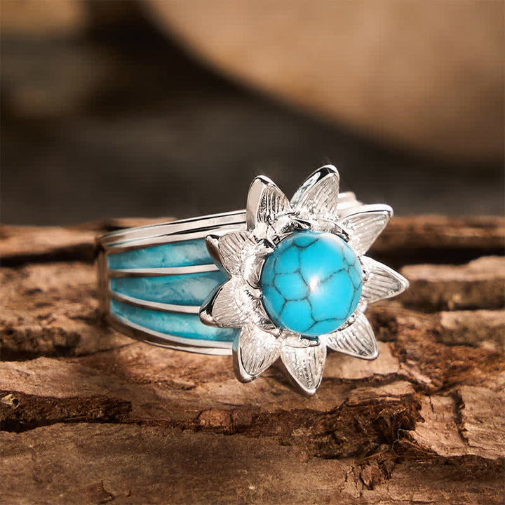 Anello da donna in argento con intarsio di finta turchese in stile boho etnico a forma di sole. - image 4