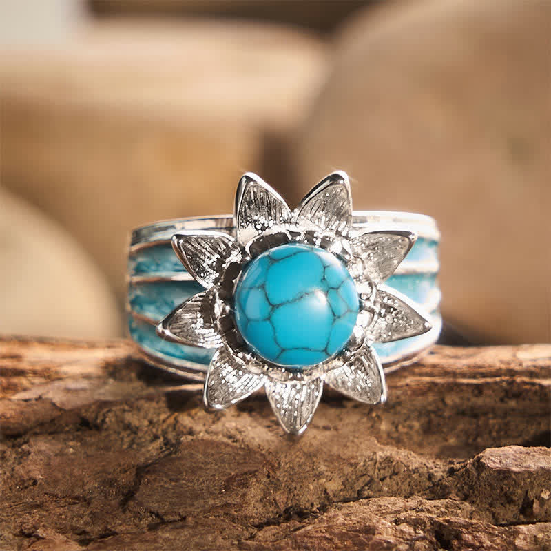 Anello da donna in argento con intarsio di finta turchese in stile boho etnico a forma di sole. - Argento - US 10 - image 0
