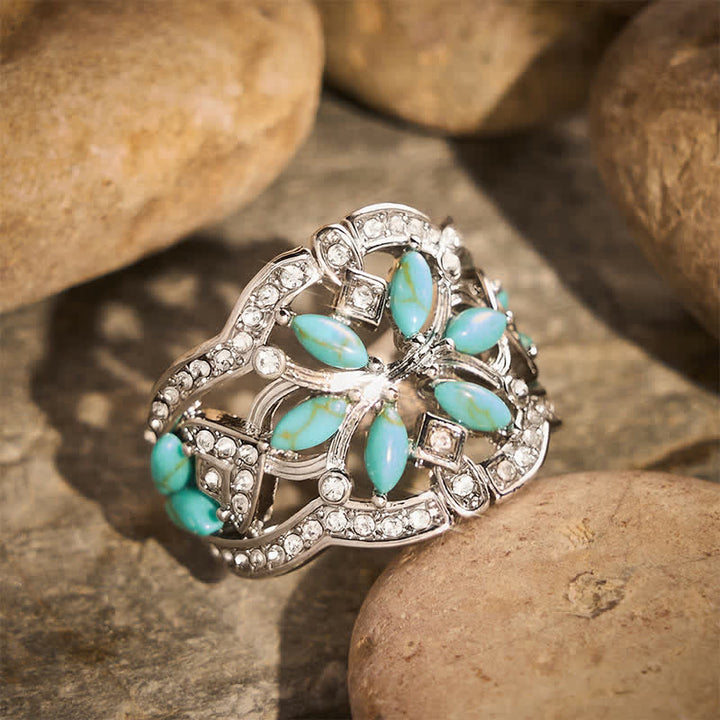 Anello in stile etnico retrò con fascia larga cava, con turchese simulato e cristalli. - image 2