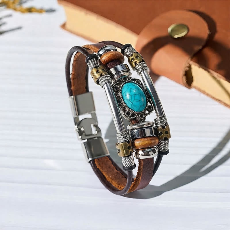 Bracciale in pelle intrecciato fatto a mano con ciondoli turchesi in stile boho. - Stile n. 1 - image 0