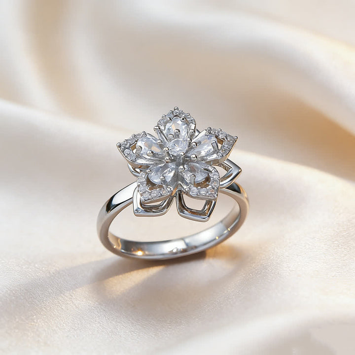 Anello antistress girevole con zirconi a forma di fiore di ciliegio - Bianco e argento - image 10