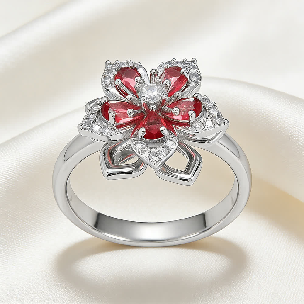 Anello antistress girevole con zirconi a forma di fiore di ciliegio - Rosso e argento - image 13