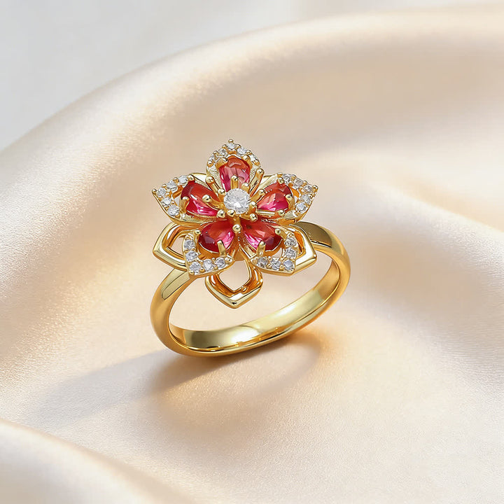Anello antistress girevole con zirconi a forma di fiore di ciliegio - Rosso e oro - image 8