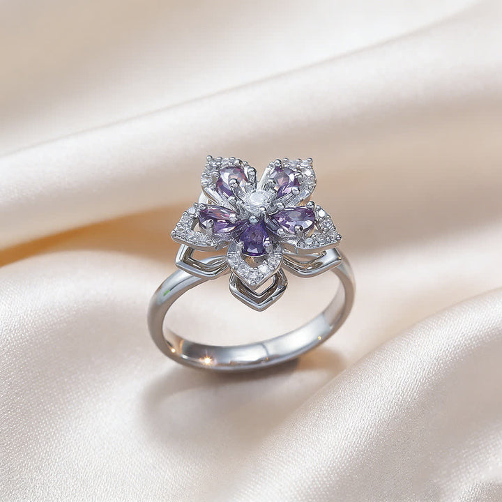 Anello antistress girevole con zirconi a forma di fiore di ciliegio - Viola e argento - image 11