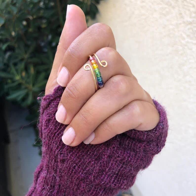 Anello antistress colorato con perline arcobaleno per la decompressione estetica - Oro - Argento 925 - image 0