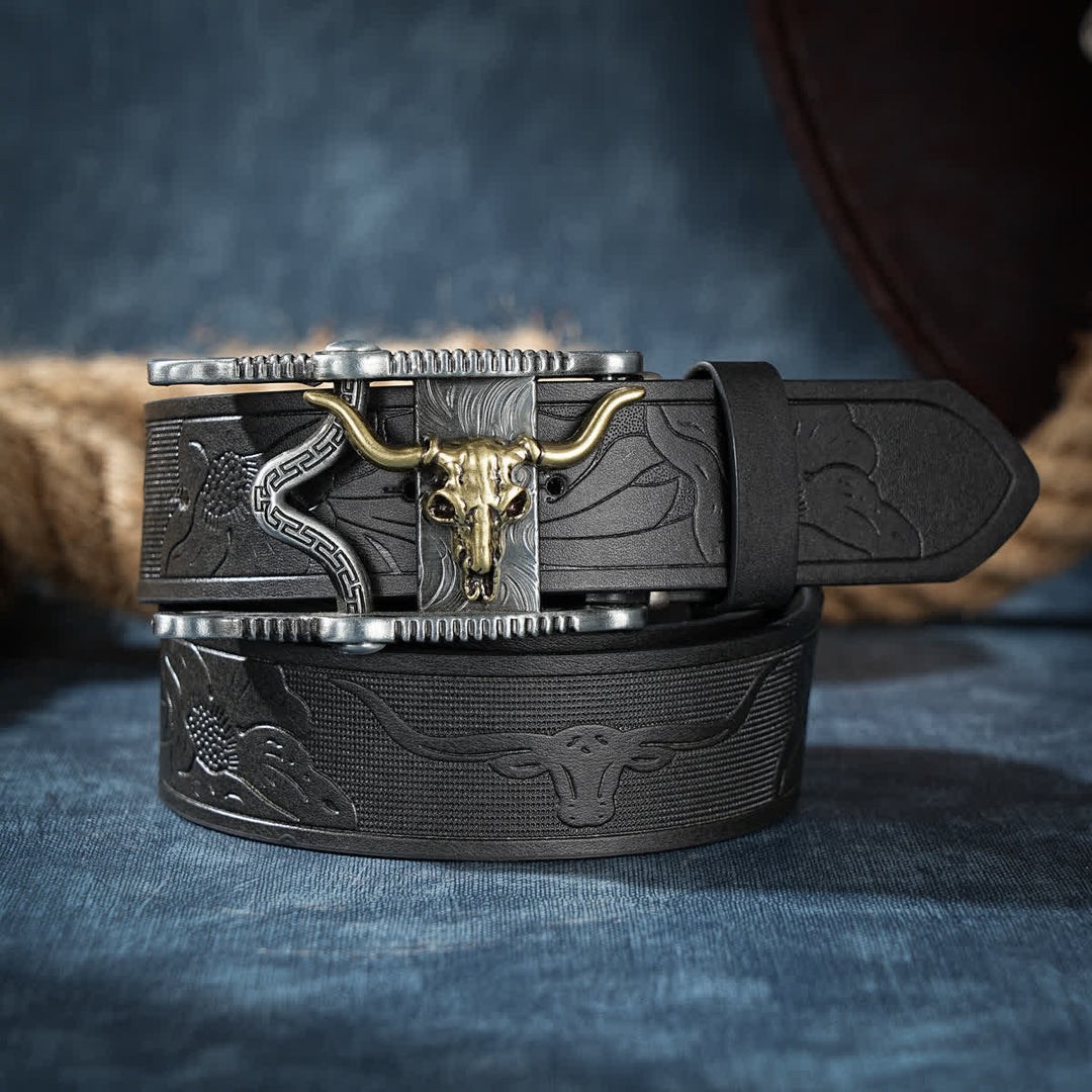 Cintura in pelle con fibbia cava a forma di testa di toro Longhorn da rodeo. - Nero - 38 - image 0