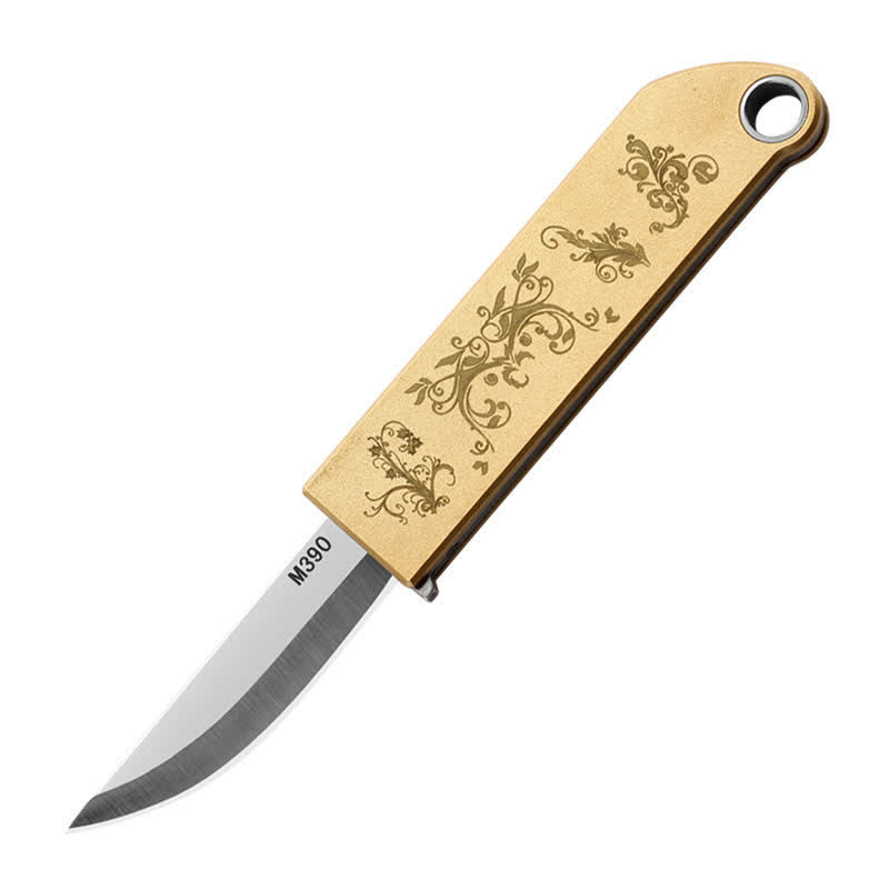 Portachiavi compatto ed elegante con coltello pieghevole in ottone e motivo dorato. - image 6