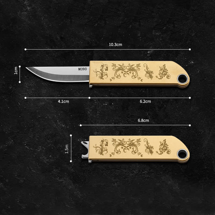 Portachiavi compatto ed elegante con coltello pieghevole in ottone e motivo dorato. - image 5