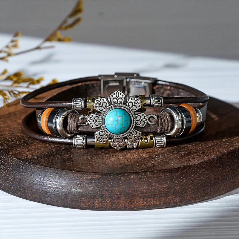 Bracciale in pelle intrecciato fatto a mano con ciondoli turchesi in stile boho. - Stile n. 4 - image 6