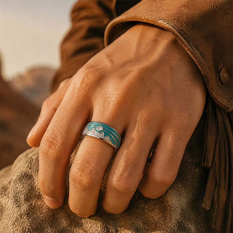 Anello a fascia larga in argento con motivo "Mountain Sun" vintage, smalto e zirconi cubici. - image 1