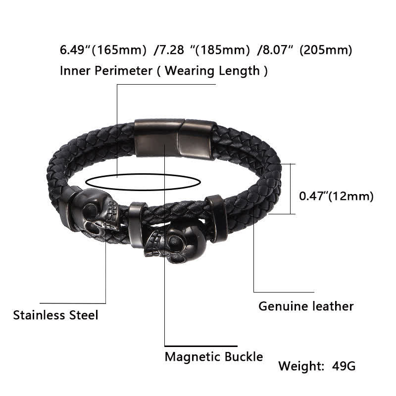 Bracciale in vera pelle intrecciata con doppio teschio in stile gotico - image 4