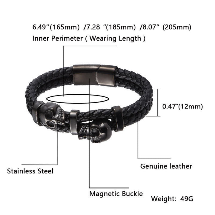 Bracciale in vera pelle intrecciata con doppio teschio in stile gotico - image 4