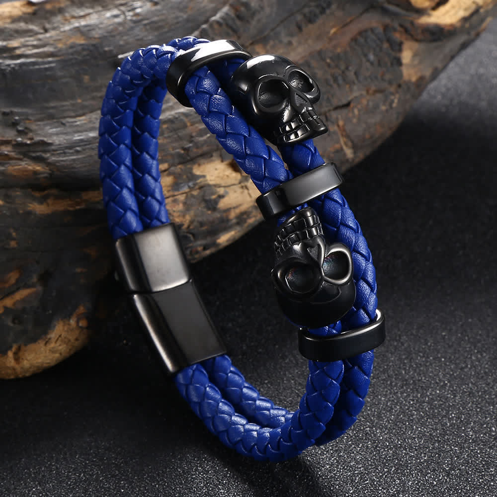 Bracciale in vera pelle intrecciata con doppio teschio in stile gotico - Blu - 8,07" / 20,5 cm - image 6