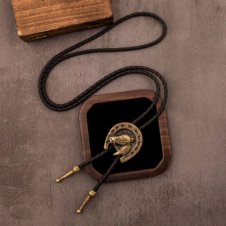 Collana vintage da western con bolo e testa di cavallo in pelle - Nero - image 2