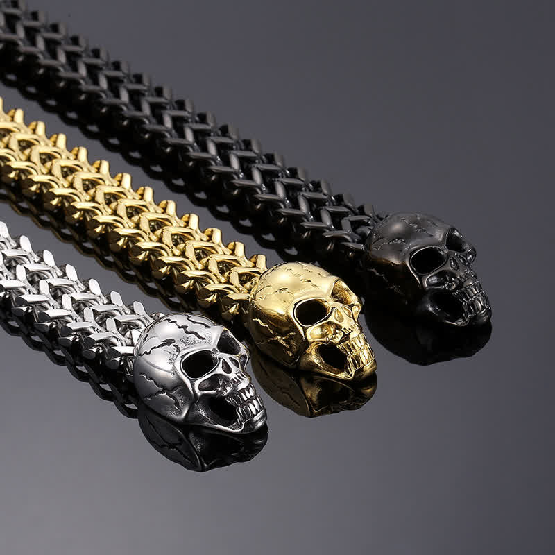 Bracciale da uomo con moschettone a O e doppia testa di teschio - image 4