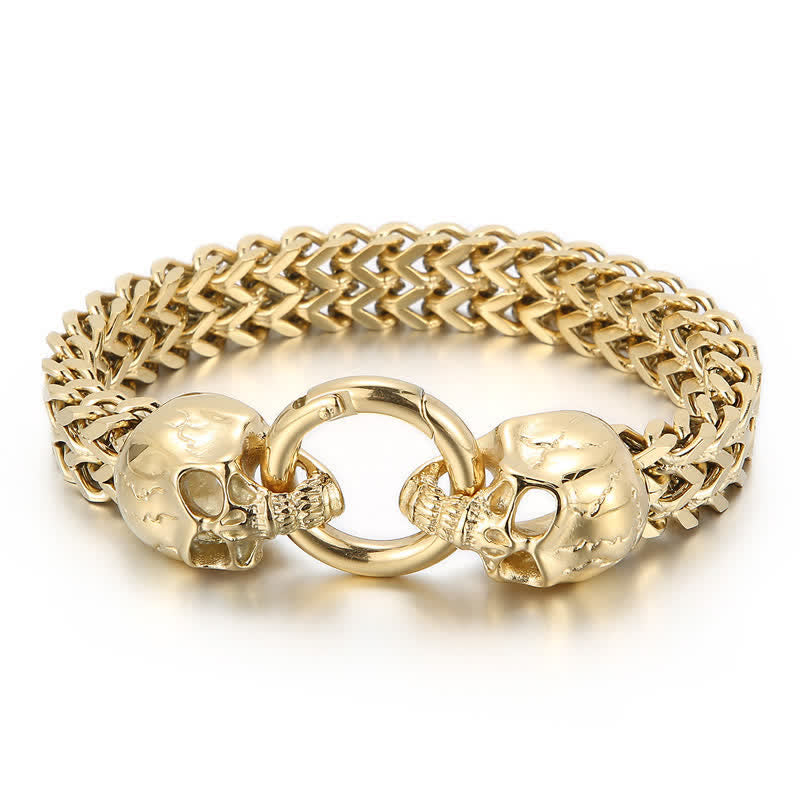 Bracciale da uomo con moschettone a O e doppia testa di teschio - Oro - 9,45" / 24 cm - image 6