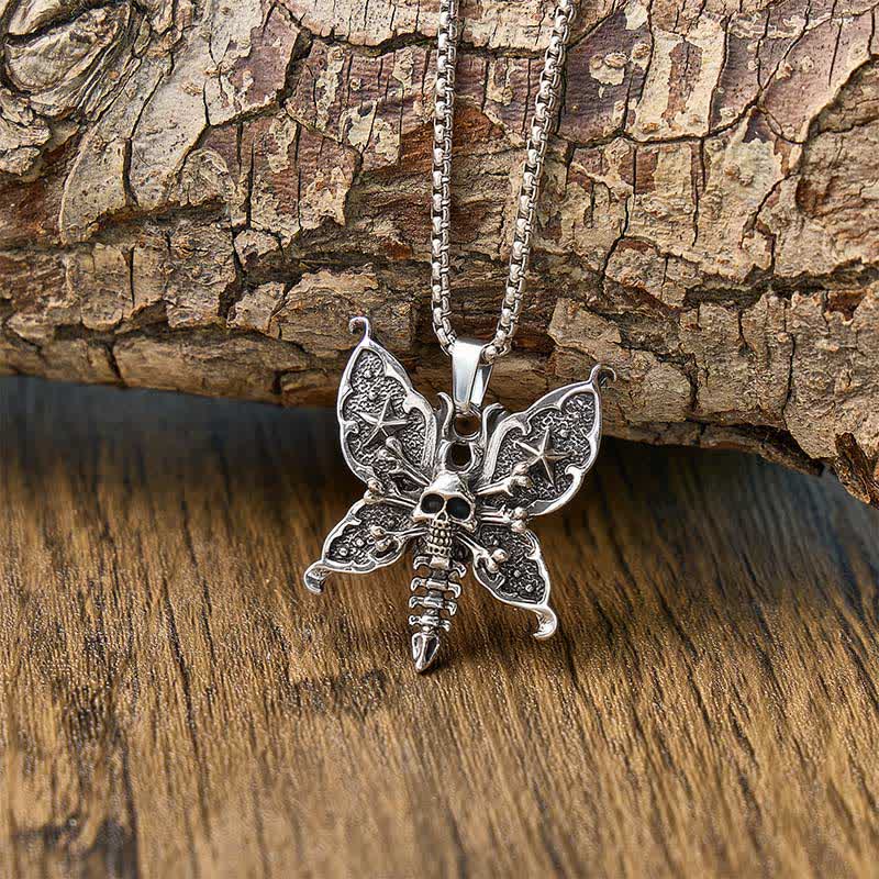 Collana Notturno Teschio Farfalla Falena Gotica con Ali Stellate - Argento - image 0