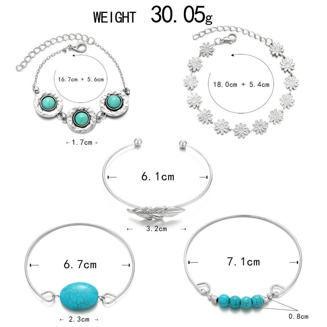 Set di 5 braccialetti impilabili Desert Muse con piume turchesi e fiori - image 4
