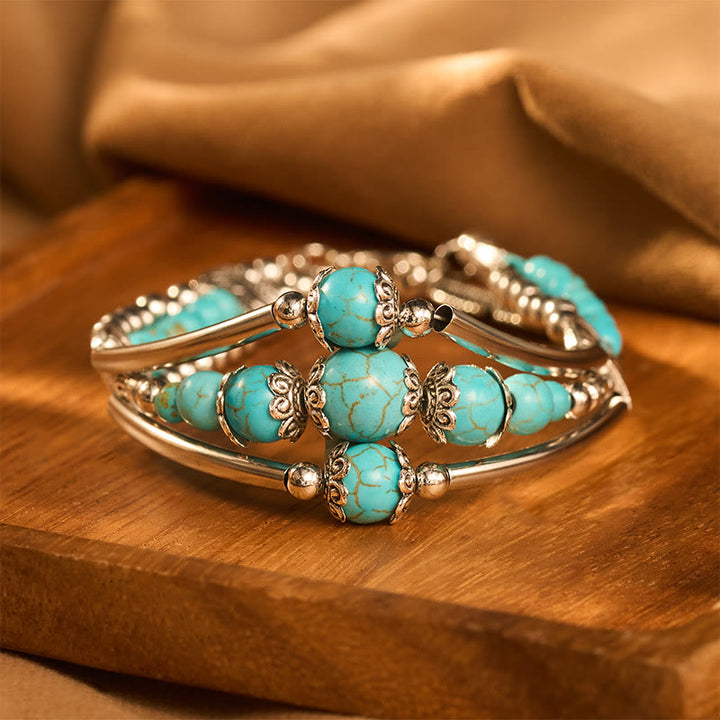 Bracciale vintage boho a triplo strato con piume turchesi e argento anticato - Verde - image 0