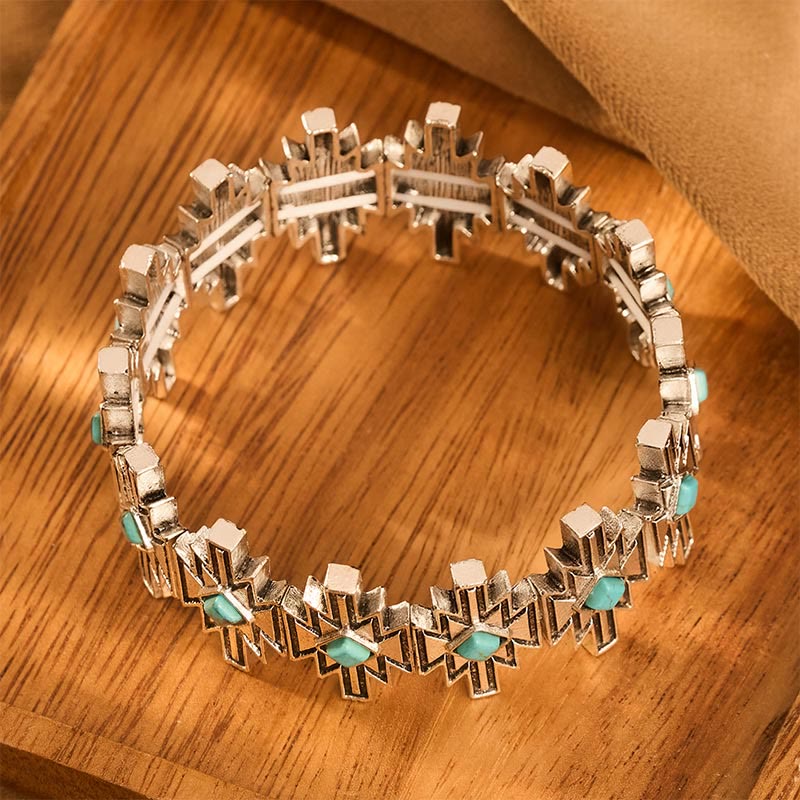 Bracciale regolabile vintage boho con diamanti, turchese e dettagli incisi color argento. - image 1