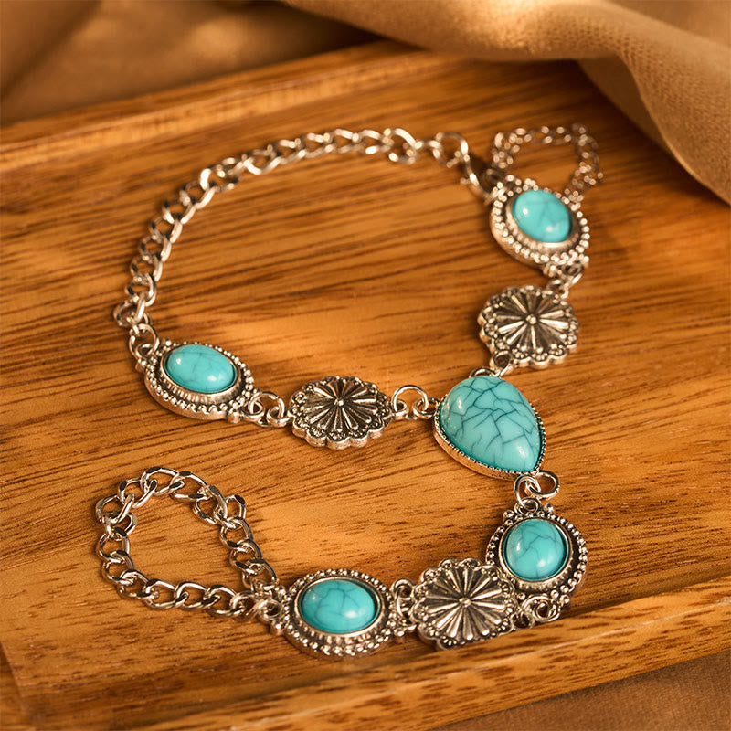 Bracciale vintage boho ovale a goccia con catena floreale color argento e turchese, con design a imbracatura. - image 0