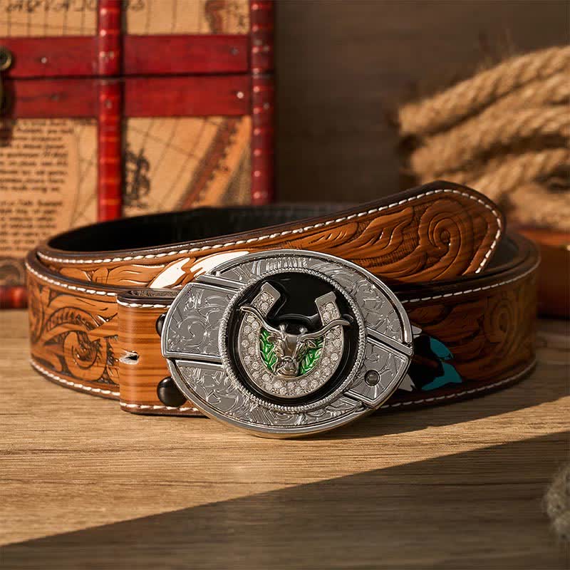 Cintura in pelle con fibbia a coltello pieghevole nascosto fai-da-te a forma di toro Longhorn con strass e ferro di cavallo. - Toro dalle lunghe corna e ferro di cavallo - Cintura di piume marroni - 40 - image 7