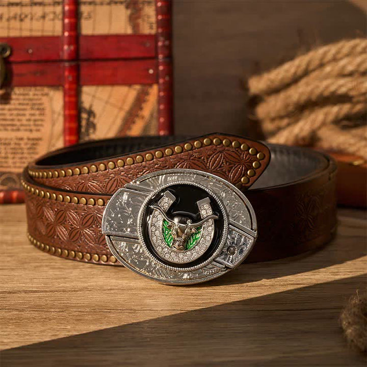 Cintura in pelle con fibbia a coltello pieghevole nascosto fai-da-te a forma di toro Longhorn con strass e ferro di cavallo. - Toro dalle lunghe corna e ferro di cavallo - Cintura con rivetti marroni - 42 - image 4