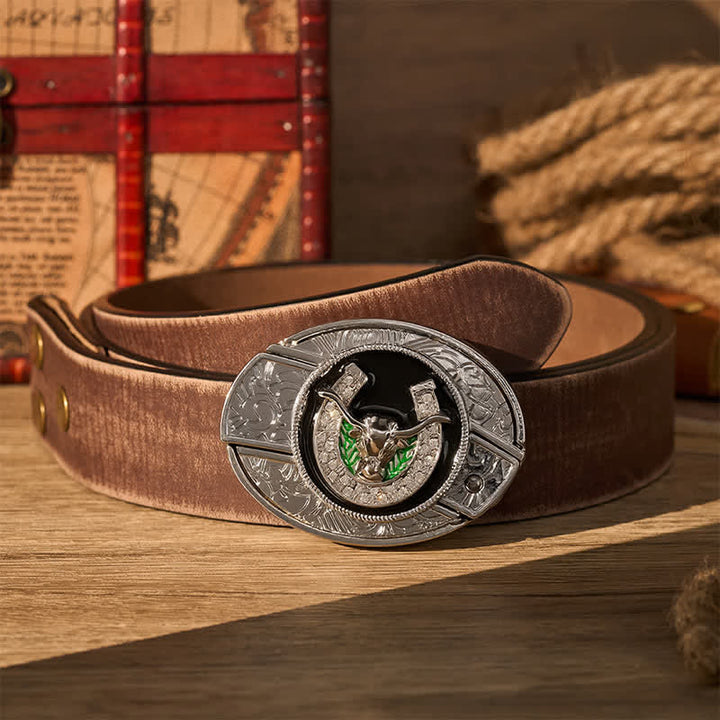 Cintura in pelle con fibbia a coltello pieghevole nascosto fai-da-te a forma di toro Longhorn con strass e ferro di cavallo. - Toro dalle lunghe corna e ferro di cavallo - Cintura marrone effetto invecchiato - 42 - image 5