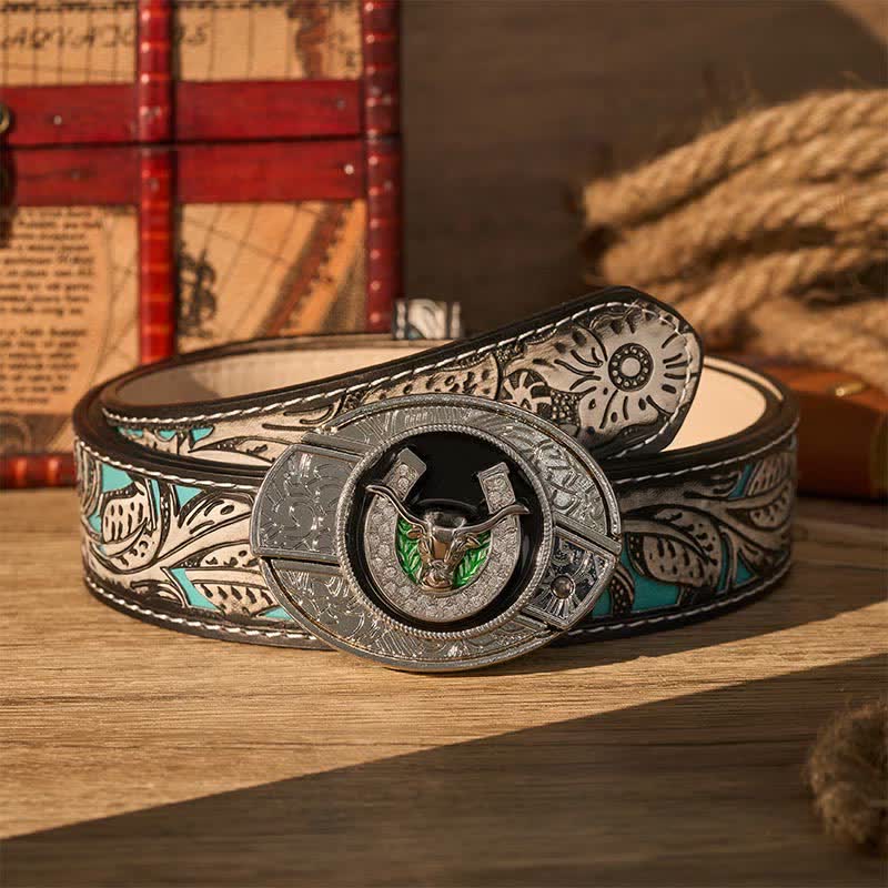 Cintura in pelle con fibbia a coltello pieghevole nascosto fai-da-te a forma di toro Longhorn con strass e ferro di cavallo. - Toro dalle lunghe corna e ferro di cavallo - Cintura grigia a fiori - 42 - image 8