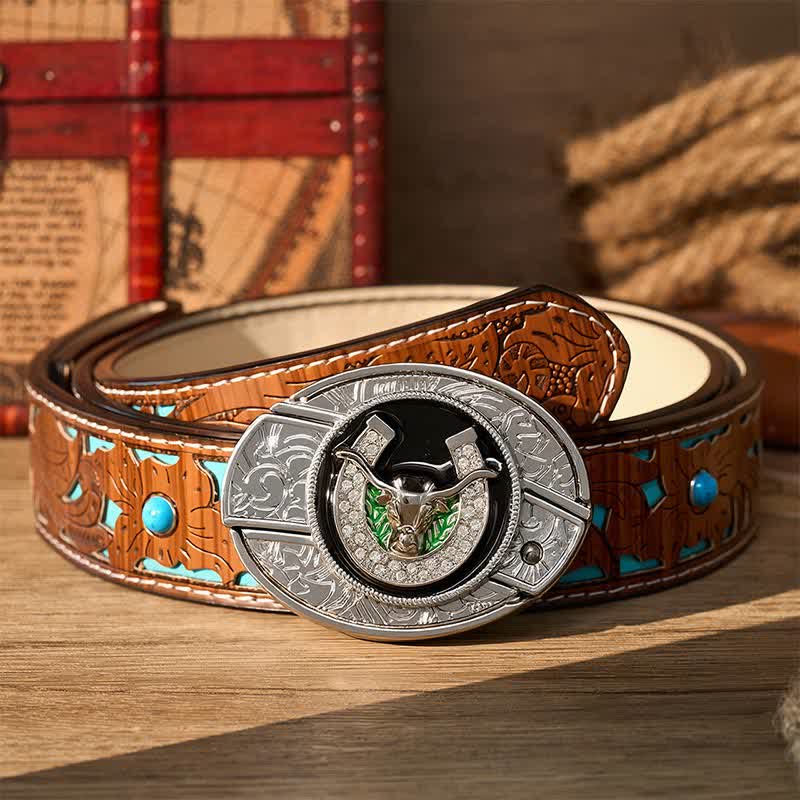 Cintura in pelle con fibbia a coltello pieghevole nascosto fai-da-te a forma di toro Longhorn con strass e ferro di cavallo. - Toro dalle lunghe corna e ferro di cavallo - Cintura turchese intagliata - 42 - image 3