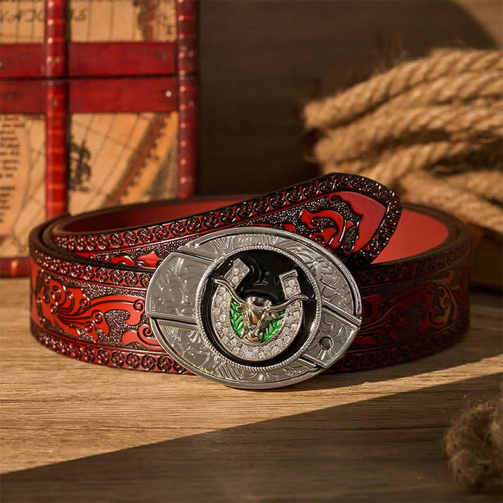 Cintura in pelle con fibbia a coltello pieghevole nascosto fai-da-te a forma di toro Longhorn con strass e ferro di cavallo. - Toro dalle lunghe corna e ferro di cavallo - Cintura intagliata marrone - 42 - image 6