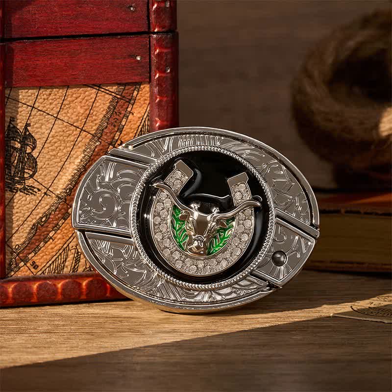 Cintura in pelle con fibbia a coltello pieghevole nascosto fai-da-te a forma di toro Longhorn con strass e ferro di cavallo. - Toro dalle lunghe corna e ferro di cavallo - Senza cintura - Cintura non inclusa - image 0